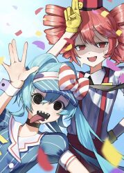 2girls :d arm_up black_necktie blue_dress blue_hair blue_sky bow cloud collared_shirt commentary_request confetti diagonal-striped_bow dress drill_hair floating_hair floating_neckwear hair_between_eyes hand_on_own_hip hat hat_bow hatsune_miku highres kasane_teto leaning_to_the_side long_hair mesmerizer_(vocaloid) multiple_girls necktie nushibautiful open_mouth pants pinstripe_dress pinstripe_hat pinstripe_pattern puffy_short_sleeves puffy_sleeves red_bow red_eyes red_hat red_pants sailor_collar sharp_teeth shirt short_sleeves sky smile smiley_hat_ornament solid_circle_eyes striped_clothes striped_shirt suspenders sweat teeth tongue tongue_out twin_drills twintails two-tone_bow utau visor_cap vocaloid white_bow white_sailor_collar white_wrist_cuffs wing_collar worried wrist_cuffs