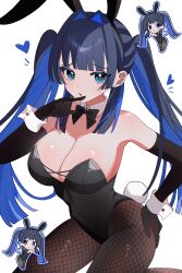 1girl absurdres alternate_costume alternate_hairstyle animal_ear_hairband animal_ears bare_shoulders black_bow black_bowtie black_gloves black_hair black_leotard blue_eyes blue_hair blunt_bangs blunt_ends bow bowtie breasts chibi chibi_inset colored_inner_hair commentary detached_collar elbow_gloves fake_animal_ears fake_tail fishnet_pantyhose fishnets gloves hair_intakes hairband hana20000920 hand_on_own_hip hand_up highres hololive hololive_english large_breasts leotard long_hair looking_at_viewer md5_mismatch multicolored_hair ouro_kronii pantyhose playboy_bunny rabbit_ear_hairband rabbit_ears rabbit_tail sidelocks simple_background solo strapless strapless_leotard symbol-only_commentary tail virtual_youtuber white_background wrist_cuffs