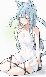 Rule 34 | 1girl, absurdres, animal ear fluff, animal ears, arknights, bare shoulders, cat ears, cat girl, cat tail, chemise, dress, green eyes, grey hair, highres, long hair, mango (mgo), rosmontis (arknights), sketch, sleeveless, sleeveless dress, solo, tail, thigh strap, white chemise, white dress
