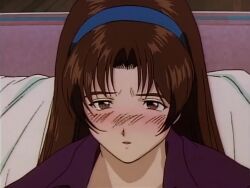 1990s_(style) 1girl animated anime_screenshot blue_hairband blush breasts breasts_apart brown_eyes brown_hair collarbone golden_boy hairband katsuda_naoko long_hair long_sleeves medium_breasts navel nipple_slip nipples no_bra open_clothes open_shirt purple_shirt retro_artstyle shirt sound tagme video