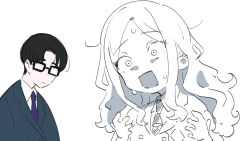 1boy 1girl :o black-framed_eyewear black_hair blazer commentary_request gakuen_idolmaster glasses idolmaster jacket juo_sena kasasagi_(futagodori888) necktie partially_colored producer_(idolmaster) simple_background white_background wide-eyed