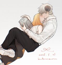1boy 1girl between_legs black_pants black_skirt blonde_hair book collared_shirt cuddling dated franken_stein_(soul_eater) glasses greyscale hetero highres hissiu holding holding_book leg_lock long_hair long_sleeves looking_at_another marie_mjolnir monochrome object_through_head pants round_eyewear screw_in_head shirt short_hair simple_background skirt sleeveless sleeveless_shirt smile soul_eater stitched_face stitches twitter_username white_background white_shirt yellow_eyes