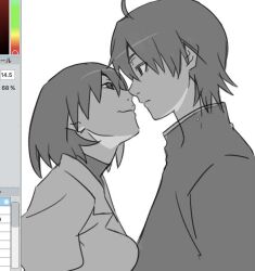 1boy 1girl ahoge araragi_koyomi art_program_in_frame closed_mouth expressionless gakuran greyscale iniooooo jacket looking_at_another monochrome monogatari_(series) naoetsu_high_school_uniform oshino_ougi school_uniform short_hair simple_background sketch smile white_background