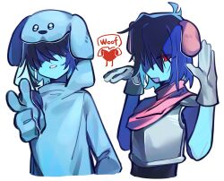 Rule 34 | 1other, absurdres, aiming, aiming at viewer, animal ears, armor, blue hair, blue pajamas, blue skin, breastplate, chinese commentary, colored skin, commentary request, deltarune, dog ears, ear gesture, finger gun, heart, highres, kemonomimi mode, kris (dark world) (deltarune), kris (deltarune), lv chan cat, official alternate costume, onesie, open mouth, pajamas, red eyes, short hair, woof