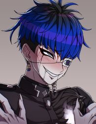 1boy black_hair blue_hair chamuchai chin_piercing cracked_skin drooling earrings eye_print eyepatch eyeshadow face_piercing fingernails grey_eyes highres hole_in_chest hole_on_body jewelry last_defense_academy_school_uniform makeup male_focus multicolored_hair omokage_yugamu piercing portrait print_eyepatch rolling_eyes saliva school_uniform sharp_fingernails short_hair simple_background solo the_hundred_line_-last_defense_academy-