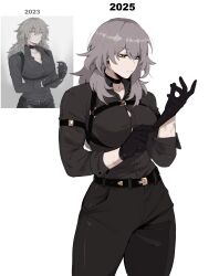 1girl 2023 2025 absurdres adjusting_clothes adjusting_gloves artist_progress breasts choker cleavage commentary english_commentary gloves grey_hair hair_between_eyes highres honkai:_star_rail honkai_(series) large_breasts long_sleeves looking_at_hand masoq medium_hair redrawn reference_inset simple_background solo stelle_(honkai:_star_rail) trailblazer_(honkai:_star_rail) white_background yellow_eyes