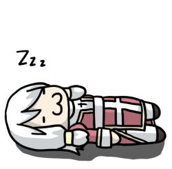 1girl :3 chibi chibi_only closed_eyes closed_mouth commentary_request dress full_body grey_hair high_priest_(ragnarok_online) juliet_sleeves long_hair long_sleeves lying on_back porinu puffy_sleeves ragnarok_online red_dress sash simple_background sleeping solo teruyof two-tone_dress white_background white_dress white_sash zzz
