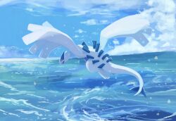 cloud creatures_(company) flying game_freak gen_2_pokemon highres legendary_pokemon lugia nintendo no_humans ocean open_mouth pokemon pokemon_(creature) sky solo volpecorvo water wings