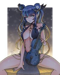 1girl absurdres alternate_costume animal_ears bare_shoulders bear_ears bear_girl blue_eyes blue_hair blue_nails border breasts center_opening commentary english_commentary fortissimo fujikura_uruka hair_ornament headphones highres holding holding_instrument holding_violin instrument kluverdesigns large_breasts long_hair looking_at_viewer multicolored_hair musical_note musical_note_hair_ornament nail_polish navel phase_connect revealing_clothes signature sitting solo spread_legs streaked_hair thick_eyebrows twintails violin virtual_youtuber white_border
