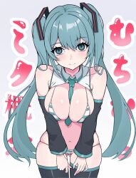 1girl between_breasts bikini black_sleeves black_thighhighs blue_bikini blue_eyes blue_hair blue_necktie blush breasts breasts_squeezed_together closed_mouth collared_shirt commentary_request cowboy_shot crop_top detached_sleeves gluteal_fold hair_ornament hatsune_miku highres large_breasts leaning_forward long_hair long_sleeves looking_at_viewer mauichi meme_attire micro_bikini miku_collar_bikini navel necktie necktie_between_breasts shirt sleeveless sleeveless_shirt smile solo striped_bikini striped_clothes swimsuit thighhighs very_long_hair vocaloid white_bikini white_shirt