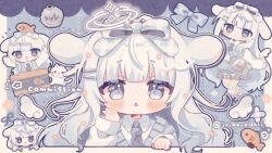 Rule 34 | 1girl, animal ears, blue background, blue eyes, blue hair, blue necktie, blue ribbon, blunt bangs, blush, border, chibi, chibi inset, closed mouth, collared shirt, commentary, commission, floppy ears, hair ribbon, halo, hand up, highres, kamizakana iriko, long hair, long sleeves, looking at viewer, necktie, open mouth, original, outline, outside border, rabbit ears, ribbon, shirt, skeb commission, sweater vest, vrchat, white border, white halo, white outline, white shirt