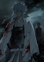Rule 34 | 2boys, aged down, armor, black coat, black hair, blood, blood on clothes, blood on face, cloud, cloudy sky, coat, commentary, eliorb yyy, gintama, haori, headband, highres, japanese clothes, long sleeves, male focus, messy hair, multiple boys, official alternate costume, outdoors, rain, red eyes, sakata gintoki, short hair, sky, storm, sword, takasugi shinsuke, torn clothes, weapon, white hair, white haori, white headband, wide sleeves