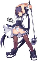 1girl animal_ears arms_up black_boots black_hair black_skirt black_thighhighs boots cameltoe cat_ears character_name copyright_name female_focus from_below full_body gluteal_fold golf_club highres holding holding_golf_club karukan_(monjya) kooh legs legs_apart long_hair pangya panties pantyshot red_eyes ribbon shirt short_sleeves simple_background skirt solo striped_clothes striped_panties suspender_skirt suspenders thighhighs thighs twintails underwear very_long_hair white_background white_shirt wind wind_lift wrist_cuffs