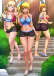 3girls absurdres ass backpack bag black_shorts blonde_hair blue_eyes blue_sandals blue_shirt blush breasts brown_eyes brown_hair bush cleavage collarbone creator_connection crossover eden&#039;s_zero elie fairy_tail flip-flops from_behind grey_sandals grey_shirt hair_ribbon highres large_breasts long_hair looking_at_viewer looking_back lucy_heartfilia midriff multiple_girls navel open_mouth ponytail purple_sandals rave_(manga) rebecca_bluegarden red_shirt ribbon rock sandals shirt short_hair shorts side_ponytail smile stairs tan tank_top tree twintails walking zel-sama