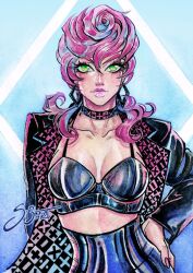 1girl black_bra black_jacket black_skirt blue_background bra breasts choker cleavage collarbone commentary earrings english_commentary green_eyes hand_on_own_hip jacket jewelry jojo_no_kimyou_na_bouken long_hair looking_at_viewer makeup medium_breasts nail_polish open_clothes open_jacket painting_(medium) pink_hair pink_lips pink_nails si3art signature skirt solo traditional_media trish_una underwear vento_aureo watercolor_(medium)