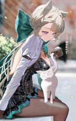 1girl absurdres animal_ear_fluff animal_ears black_gloves black_leotard black_pantyhose blue_bow blurry blurry_background blush bow breasts brown_hair cat cat_ears cat_girl cat_tail cleavage commentary_request from_side genshin_impact gloves grey_cat hand_up highres huge_bow kabu_usagi large_breasts leotard long_hair long_sleeves looking_at_animal looking_down lynette_(genshin_impact) paid_reward_available pantyhose purple_eyes signature sitting solo tail translation_request very_long_hair white_sleeves