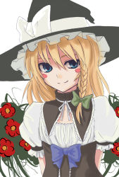 Rule 34 | 1girl, alternate costume, arms behind back, bad id, bad pixiv id, blonde hair, blue eyes, blush, blush stickers, bow, braid, female focus, flower, hair bow, hair ribbon, hat, hokamichi, kirisame marisa, ribbon, smile, solo, taji (crowview), touhou, witch, witch hat