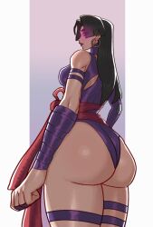 1girl ass black_hair breasts bu55top earrings glowing glowing_eyes highres hoop_earrings jewelry leotard long_hair looking_at_viewer looking_back marvel marvel_rivals psylocke psylocke_(vengeance) purple_eyes purple_leotard red_sash sash solo waist_sash