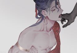 1boy arm_behind_back conohi_(snvcenni) earrings finger_in_another&#039;s_mouth from_side hinduism jewelry looking_at_hand male_focus nipples o-ring_arm_strap original red_eyes saliva simple_background white_background