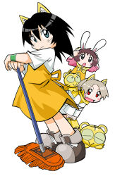 3girls :&gt; :o animal_ear_fluff animal_ear_hood animal_ears animal_on_back animal_print apron bike_shorts black_hair black_tail blinking_inside_eyes blush blush_stickers brown_hair bun_cover cat_girl closed_eyes closed_mouth coco_(toranoana) collared_shirt colored_inner_hair colored_sclera detached_hood double_bun double_horizontal_stripe employee_uniform fake_animal_ears fang frown full_body green_eyes green_sclera grey_eyes grey_shorts hair_between_eyes hair_bun hands_on_own_head hands_on_own_thighs hood horizontal-striped_sleeves horizontal-striped_thighhighs kotora_(toranoana) laces leaning_forward logo_print long_hair long_shirt long_sleeves looking_at_viewer looking_up lying mop mukku_(mook-tv) multicolored_hair multiple_girls nonbiri_kotora official_art on_stomach open_mouth parted_bangs pink_sleeve_cuffs pink_sleeves planted_mop print_shirt rabbit_ears rabbit_girl red_eyes scarf second-party_source shirt short_hair short_sleeves shorts simple_background sleeves_rolled_up straight_hair striped_clothes striped_fur striped_shirt striped_sleeves striped_tail striped_thighhighs t-shirt tail tamako_(toranoana) thighhighs tiger tiger_ears tiger_girl tiger_print tiger_tail tongue tora_da_yo. torana toranoana triple_horizontal_stripe turtleneck turtleneck_shirt very_short_hair white_background white_shirt white_sleeves wide_sleeves wristband yellow_apron yellow_fur yellow_hood yellow_scarf yellow_tail yellow_thighhighs