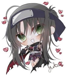Rule 34 | 1girl, :d, ahoge, black hair, black scarf, blue kimono, blush, bow, bowtie, chibi, chibi only, commentary request, eyes visible through hair, forehead, full body, green eyes, hair between eyes, hand up, happy, heart, heart in eye, highres, hitachi mako, holding, holding kunai, holding weapon, japanese clothes, judas gundam, kimono, knees together feet apart, kunai, long scarf, looking at viewer, ninja, open mouth, pink bow, pink bowtie, ponytail, scarf, senren banka, short hair with long locks, short kimono, short ponytail, signature, simple background, smile, solo, standing, symbol in eye, two-sided scarf, weapon, white background