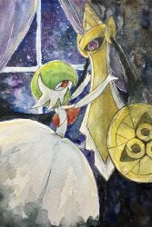 absurdres aegislash bob_cut colored_skin dress elbow_gloves gardevoir gen_3_pokemon gen_6_pokemon gloves green_hair highres holding holding_shield mega_gardevoir mega_pokemon nintendo one-eyed pink_eyes pokemon pokemon_(creature) purple_eyes shield strapless strapless_dress sword traditional_media urushi_(urushix_7) weapon white_dress white_gloves white_skin