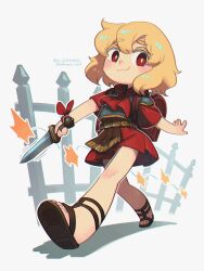 1girl :3 absurdres armor backpack bag blonde_hair centurii-chan_(character) colored_eyelashes fence gladiator_sandals gladius greco-roman_clothes highres holding holding_sword holding_weapon legionnaire looking_at_viewer original porforever red_eyes roman_armor roman_clothes sandals short_hair solo sword walking weapon