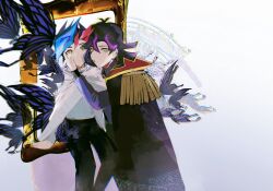 2boys ai_(yu-gi-oh!) alternate_form black_cape black_hair black_pants blurry blurry_background brown_eyes bug butterfly butterfly_on_hand cape capelet colored_bangs dappled_sunlight epaulettes facing_another facing_to_the_side fujiki_yusaku green_eyes hand_on_another&#039;s_cheek hand_on_another&#039;s_face heads_together highres insect looking_to_the_side male_focus multiple_boys painting_(object) pants picture_frame purple_shirt screen0624 shirt sunlight through_medium through_painting white_background white_capelet white_shirt yu-gi-oh! yu-gi-oh!_vrains