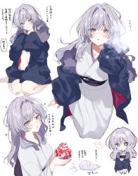 1girl :o black_coat black_sash breasts breath coat commentary_request food fruit grey_hair hair_intakes ice_cream_spoon japanese_clothes kazutake_hazano kimono large_breasts linea_alba long_hair multiple_views naked_coat navel obi obijime original parted_lips purple_eyes sash shaved_ice snowflakes speech_bubble spoon strawberry sun_symbol translation_request underbust white_kimono yuki_onna