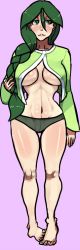00s 1girl bad_anatomy bad_feet barefoot blue_eyes blush braid breasts cheryl_(pokemon) creatures_(company) game_freak green_hair gym_leader large_breasts long_hair looking_away nail_polish narrow_waist navel nintendo no_bra panties pigeon-toed pokemon pokemon_dppt scathegrapes single_braid thigh_gap toenail_polish toenails underboob underwear