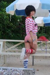 1girl american_flag american_flag_bikini american_flag_print asian ass bench bikini black_hair bracelet flag_print gravure_idol hat jewelry outdoors photo_(medium) print_bikini ramu_(dpandaramu) real_life shirt shoelaces shoes short_hair socks striped_clothes striped_shirt striped_socks swimsuit umbrella