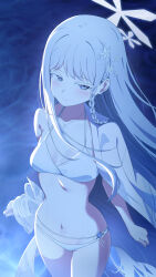 Rule 34 | 1girl, bikini, blue archive, blush, colored eyelashes, hair ornament, halo, highres, meruki, nagusa (blue archive), nagusa (swimsuit) (blue archive), navel, official alternate costume, smile, snowflake hair ornament, solo, swimsuit, white bikini, white eyelashes, white eyes, white halo