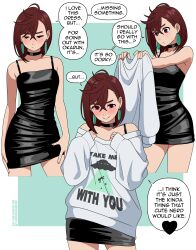 Rule 34 | 1girl, absurdres, aqua background, ayase momo, bad anatomy, black choker, black dress, blush, border, breasts, brown eyes, brown hair, choker, closed mouth, contrapposto, cowboy shot, cropped legs, crossed bangs, dandadan, dress, earrings, english text, hair between eyes, hands on own thighs, highres, jewelry, looking at viewer, medium breasts, medium hair, multiple views, nico-neko, short hair, sleeves past wrists, smile, speech bubble, sweatdrop, sweater, white border, white sweater, wide-eyed