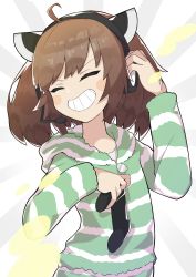 1girl absurdres adjusting_headphones ahoge blush_stickers brown_hair closed_eyes commentary controller eien_ni_game_de_taisen_shitai_kiritan_(voiceroid) game_controller green_shirt grin gyari_(imagesdawn)_(style) headphones headset highres holding holding_controller holding_game_controller hooded_shirt kashisuover shirt short_hair smile solo striped_clothes striped_shirt sunburst sunburst_background touhoku_kiritan two-tone_shirt voiceroid white_shirt wool