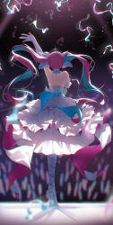 1girl absurdres arm_up armband back bare_shoulders blue_hair bow choker colored_inner_hair concert confetti dress elbow_gloves frilled_dress frills from_behind gloves glowstick highres hololive idol long_hair minato_aqua minato_aqua_(aqua_iro_super_dream) multicolored_hair official_alternate_costume pink_hair purple_bow shoes solo_focus stage standing standing_on_one_leg strapless strapless_dress thighhighs tiara twintails two-tone_hair very_long_hair virtual_youtuber white_armband white_choker white_dress white_footwear white_gloves white_thighhighs yuki_hare1130