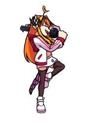 1girl ahoge alternate_costume animated black_eyes black_hairband black_thighhighs blonde_hair blunt_bangs bow braid breasts cleavage cleavage_cutout clothing_cutout dancing diagonal-striped_bow dragon_girl dragon_horns dragon_tail fang fang_out foxarcana friday_night_funkin&#039; friday_night_funkin&#039;_(style) full_body gun hair_intakes hairband handgun holding holding_gun holding_microphone holding_weapon hololive hood hood_down hooded_jacket horn_bow horn_ornament horns jacket kiryu_coco logo long_hair long_sleeves microphone miniskirt mommy_mearest multicolored_hair open_clothes open_jacket open_mouth orange_hair pistol pointy_ears side_braid sidelocks single_braid skin_fang skirt solo squatting standing standing_on_one_leg streaked_hair striped_bow tail thighhighs v-shaped_eyebrows video virtual_youtuber weapon white_footwear white_jacket white_skirt