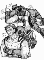 2boys anger_vein ass belt blank_eyes blush bodysuit claw_(weapon) clenched_teeth commentary_request couple deadpool deadpool_&amp;_wolverine deadpool_(series) dishing facial_hair gloves hug hug_from_behind katana korean_commentary large_pectorals lying lying_on_person male_focus marvel marvel_cinematic_universe mask monochrome multiple_boys muscular muscular_male on_stomach pectorals short_hair sleeveless spoken_anger_vein superhero_costume sweatdrop sword sword_on_back teeth veins veiny_arms weapon weapon_on_back wolverine_(x-men) x-men yaoi