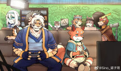 1girl 6+boys animal_ears betnone_(threefold_recital) chinese_commentary closed_mouth commentary_request controller dragon_boy dragon_ears dragon_horns fox_boy fox_ears fox_tail furry furry_female furry_male game_controller highres holding holding_controller holding_game_controller horns multiple_boys naite_maer_(threefold_recital) original playing sinonotfound smile snake_girl tail tail_wagging taiqing_(threefold_recital) tarjumdad_(threefold_recital) threefold_recital tiger_boy tiger_ears tiger_stripes tiger_tail transia_(threefold_recital) triratna_(threefold_recital) watermark weibo_watermark wolf_boy wolf_ears