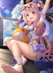 Rule 34 | 1girl, :d, arm behind head, armpits, arms up, ball, barefoot, beachball, bikini, blue bikini, blue ribbon, blue sandals, blue sky, blush, breasts, cleavage, cloud, cloudy sky, commentary request, day, feet, female focus, hagoromo, hair ornament, hair ribbon, hair rings, hatsune (princess connect!), horizon, legs, long hair, looking at viewer, medium breasts, ocean, open mouth, outdoors, palm tree, pink hair, princess connect!, purple eyes, railing, ribbon, round teeth, sandals, see-through clothes, shawl, shoe soles, sitting, sky, smile, soles, solo, star (symbol), star hair ornament, stretching, swimsuit, teeth, toenails, toes, transparent, tree, two side up, unworn sandals, upper teeth only, very long hair, water, yuririn poi