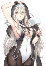 Rule 34 | 1girl, arm up, armpits, black pantyhose, black veil, breasts, covered navel, garter straps, green eyes, groin, hand fan, hand on own head, highleg, highleg leotard, highres, large breasts, leotard, long hair, nun, open mouth, original, pantyhose, paper fan, solo, thighs, veil, white hair, white leotard, yougenko