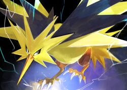 absurdres bird black_eyes commentary_request day_walker1117 electricity gen_1_pokemon highres legendary_pokemon looking_up nintendo no_humans pokemon pokemon_(creature) pokemon_focus solo talons zapdos