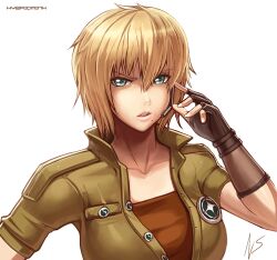 1girl aged_down aqua_eyes artist_name black_gloves blonde_hair collarbone commentary english_commentary fingerless_gloves gloves headset hybridmink looking_at_viewer metroid military_uniform mole mole_under_mouth nintendo parted_lips samus_aran short_hair signature simple_background solo upper_body white_background