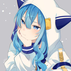 1girl animal_ear_hood artist_name blue_eyes blue_hair choker closed_mouth fake_animal_ears gim_(gim-gim-3919) grey_background hair_between_eyes head_rest highres hololive hood hood_up hooded_jacket hoshimachi_suisei jacket long_hair long_sleeves solo star_(symbol) star_in_eye symbol_in_eye twitter_username upper_body virtual_youtuber