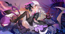 1girl absurdres bat_hair_ornament black_dress black_hair black_thighhighs chinese_commentary commentary_request demon_girl demon_tail dress full_body hair_ornament head_wings highres kele_mimi knees_up long_sleeves looking_at_viewer mismatched_thighhighs multicolored_hair no_shoes original panties pointy_ears red_eyes solo tail thighhighs two-tone_hair underwear white_hair white_panties white_thighhighs wings