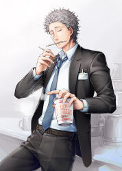 1boy belt black_pants black_suit blue_necktie chopsticks cup cup_ramen formal_clothes fragile:_pathologist_kishi grey_hair id_card indoors kishi_keiichirou long_sleeves male_focus mouth_hold necktie nishinomiya_sakuko pants shirt solo standing suit teeth_hold white_shirt