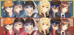 6+girls absurdres acrylicstroke belle_(zenless_zone_zero) blonde_hair blu_engineer_(tf2) blu_scout_(tf2) blu_sniper_(tf2) blu_soldier_(tf2) blu_spy_(tf2) blue_eyes blue_hair blue_jacket blue_necktie blue_shirt braid brown_eyes brown_hair brown_vest bullet bulletproof_vest cigarette closed_mouth collared_shirt commission commissioner_upload cosplay dog_tags earrings engineer engineer_(tf2) engineer_(tf2)_(cosplay) entropy_(honkai_impact_3rd) female_dreamseeker_(honkai_impact) flower formal_clothes genshin_impact glasses green_eyes grey_hair hair_flower hair_ornament hat headphones helmet highres honkai:_star_rail honkai_(series) honkai_impact_3rd jacket jewelry kiana_kaslana kiana_kaslana_(herrscher_of_flamescion) long_hair looking_at_viewer lumine_(genshin_impact) medium_hair mihoyo multiple_girls necktie non-web_source orange_eyes ponytail red_engineer_(tf2) red_jacket red_necktie red_scout_(tf2) red_shirt red_sniper_(tf2) red_soldier_(tf2) red_spy_(tf2) rosa_(tears_of_themis) scout_(tf2) scout_(tf2)_(cosplay) semi-rimless_eyewear shirt short_hair short_sleeves single_earring smile smoking sniper_(tf2) sniper_(tf2)_(cosplay) soldier_(tf2) soldier_(tf2)_(cosplay) spy_(tf2) spy_(tf2)_(cosplay) stelle_(honkai:_star_rail) striped_clothes striped_jacket sunglasses team_fortress_2 tears_of_themis trailblazer_(honkai:_star_rail) upper_body vertical-striped_clothes vertical-striped_jacket very_long_hair vest white_flower white_hair white_shirt yellow_eyes zenless_zone_zero