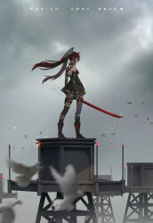 Rule 34 | 1girl, absurdres, asymmetrical legwear, bare shoulders, bird, black dress, black hair, chin guard, copyright name, dove, dress, earrings, fake horns, floating earrings, gradient hair, grey thighhighs, headgear, highres, holding, holding sword, holding weapon, horns, jewelry, katana, long hair, lucia: dawn (pgr), lucia (pgr), mechanical arms, mechabare, multicolored hair, oni horns, pouch, punishing: gray raven, red eyes, red hair, red horns, sidelocks, single earring, single thighhigh, sleeveless, sleeveless dress, solo, streaked hair, sword, thigh pouch, thigh strap, thighhighs, twintails, wang xiao jun, weapon