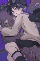 1boy alternate_costume animal_hat animalization black_cat black_hair black_hat black_shorts black_socks blunt_ends casual cat cat_hat colored_inner_hair contemporary eyeliner eyeshadow genshin_impact grey_eyes hat highres kneehighs long_sleeves looking_at_viewer lying makeup male_focus multicolored_hair newsboy_cap on_side person_and_animalization purple_background purple_cat purple_hair purple_socks purple_undershirt red_eyeliner red_eyeshadow ribbed_socks scaramouche_(cat)_(genshin_impact) scaramouche_(genshin_impact) shirt shorts socks solo stuffed_animal stuffed_toy tongue tongue_out too_many too_many_cats tsurime two-tone_socks wanderer_(fairy_tale_cat)_(genshin_impact) wanderer_(genshin_impact) white_shirt white_sleeves zattasyanko
