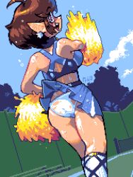 1girl ahoge brown_hair character_request cheerleader cowboy_shot earrings elf from_behind highres jewelry looking_at_viewer outdoors pixel_art pleated_skirt pointy_ears pom_pom_(cheerleading) pxlfrug short_hair sidelocks skirt solo sweat upskirt very_sweaty wet wet_clothes
