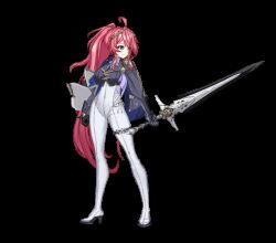 Rule 34 | 1girl, ahoge, animated, animated gif, argyle cutout, black gauntlets, black gloves, black jacket, blue cape, blue eyes, bodysuit, bouncing breasts, breasts, cape, clothing cutout, commentary, counter:side, cropped jacket, english commentary, esterosa de chevalier, full body, gauntlets, gloves, gold trim, hair ornament, high heels, holding, holding sword, holding weapon, jacket, left-handed, looking to the side, looping animation, official art, pink hair, ponytail, shield, simple background, single gauntlet, single glove, solo, standing, sword, transparent background, weapon, white bodysuit